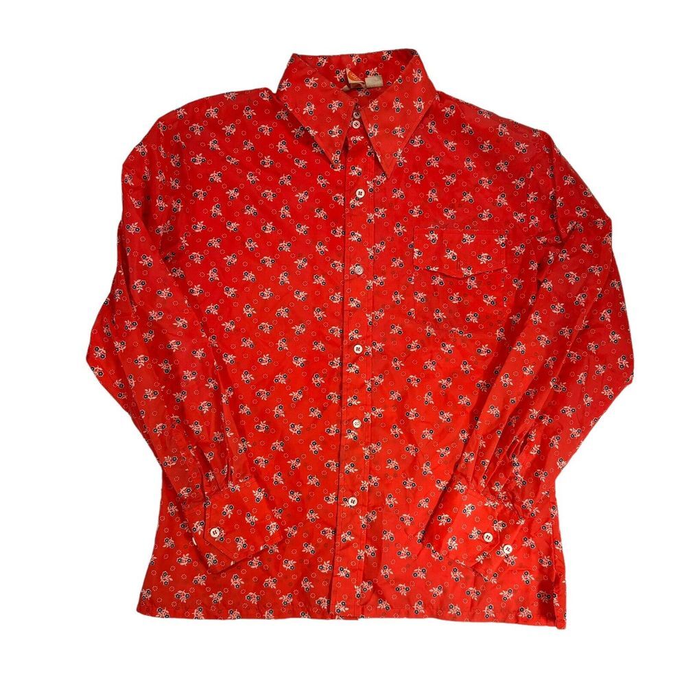 Vintage Skyr Nylon Disco‎ Shirt Mens S/M Red Psychedelic Floral Collar 60 70